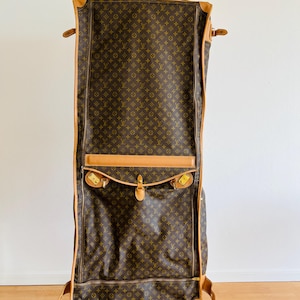 Authentic 1980's Vintage Louis Vuitton Monogram Luggage Fold Over Hanging Garment Bag Saks Fifth Avenue, Vachetta Leather, Travel Luggage