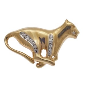 Vintage 14k Diamond Yellow Gold Panther Brooch Pin, Exotic Cat Jewelry, Leopard Brooch, Jaguar Brooch, 585 14k Solid Real Gold