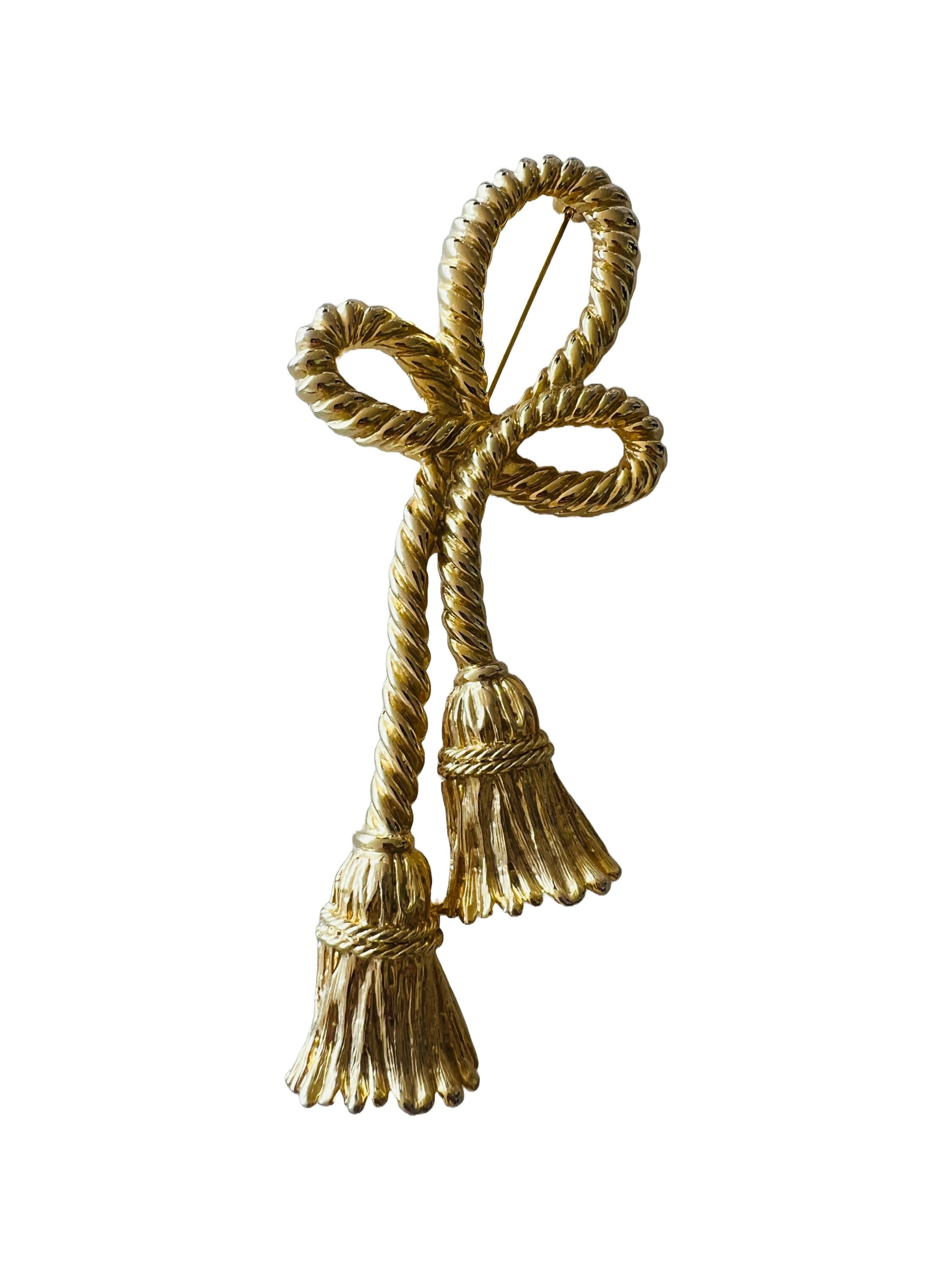 Vintage Designer Signed Givenchy Large Tassel Rope Bow Gold Brooch