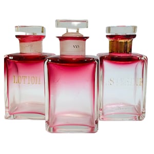 3 Antique Numbered Cranberry Gilded Glass Apothecary Cologne Perfume Scent Bottles, Cranberry Glass, Antique Apothecary Bottles