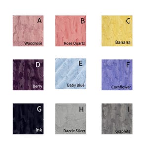 May include: Nine fabric swatches are displayed, each with a unique colour and texture. The colours are Woodrose, Rose Quartz, Banana, Berry, Baby Blue, Cornflower, Ink, Dazzle Silver, and Graphite. Each swatch is labelled with its colour name.