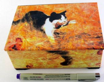 Pequeña caja decorativa con gatito y pájaro, negro, blanco y naranja, Decoración del hogar, Envío al día siguiente