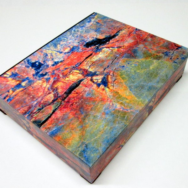 Decorative box natural slate design, Vivid coral and blue,  Desk accessory,  Made to order