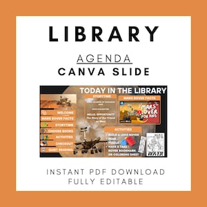Peut inclure: Une diapositive Canva pour un agenda de bibliothèque, sur le thème du rover martien. La diapositive comprend des sections pour l'heure du conte, les faits sur le rover martien et des activités comme la construction d'un rover LEGO. Le texte comprend "Aujourd'hui à la bibliothèque".