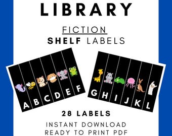 Könnte beinhalten: Schwarze Regaletiketten mit farbenfrohen Tierillustrationen und den Buchstaben A-L. Die Etiketten sind für Belletristik-Bücher und enthalten den Text "LIBRARY FICTION SHELF LABELS" und "28 LABELS INSTANT DOWNLOAD READY TO PRINT PDF".