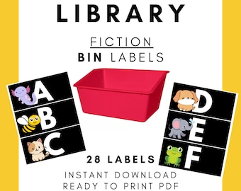 Könnte beinhalten: Eine rote Kunststoffbox mit schwarzen und weißen Bibliotheks-Bin-Etiketten. Die Etiketten zeigen die Buchstaben A bis F mit niedlichen Tierillustrationen. Der Text "LIBRARY FICTION BIN LABELS" wird über der Box angezeigt. Das Bild enthält auch den Text "28 LABELS" und "INSTANT DOWNLOAD READY TO PRINT PDF".