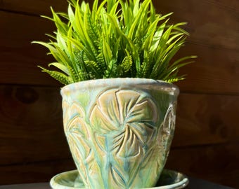 Floral Plant Pot | Handcarved Flowers Ceramic Floral Planter  | 1 Piece Planter with Drain Hole & Water-Catch Plate