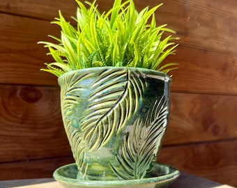 Tropical Green Plant Pot | Handcarved Fern Leaves Ceramic Planter  | 1-Piece Planter with Drain Hole & Water-Catch Plate