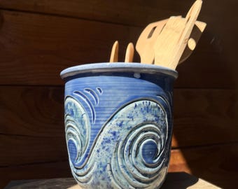 Ocean Waves Handmade Ceramic Utensil Holder: Beach House Decor, Tropical Kitchen Croc
