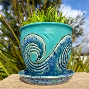 Ocean Waves Ceramic Planter | Handcarved Tropical Plant Pot | Indoor 2 piece planter with drain