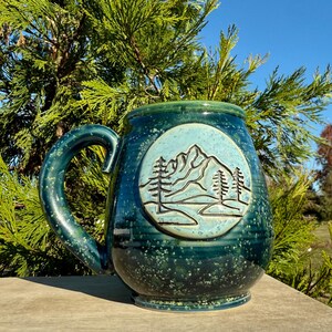 Ceramic Mountain Mug: 24oz Handmade Stoneware Nature Coffee Cup | Evergreen Pine Tree Mug