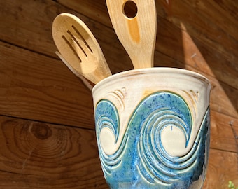 Ceramic Utensil Holder | Ceramic Ocean Waves Utensil Crock | Beach Utensil Holder | Tropical Utensil Holder Crock | Beach Kitchen