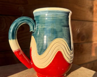 Ceramic Wavy Mug - Large 28oz Handcarved Red White & Blue Stoneware Coffee Mug, USA Mug