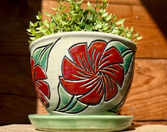 Carved Flowers Plant Pot | Flower Planter | Handmade Ceramic Planter | Handmade Plant Pot | 2 piece Planter | Planter & Saucer | Flower Pot