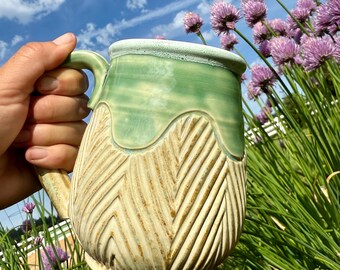 Ceramic Handcarved Mug: Handmade Stoneware Coffee Cup, Handcarved Mug, Large 24oz