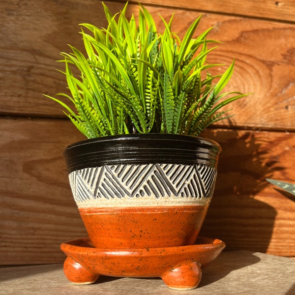 Western Ceramic Planter | Rustic Style Planter with Drain | Western Rustic Planter with Water Saucer | Handmade Ceramic Planter | Plant Pot