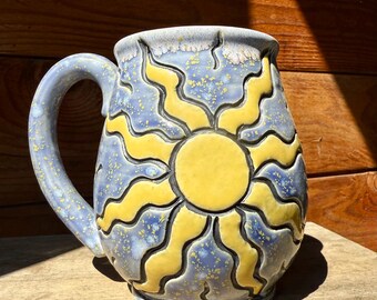 Sunshine Ceramic Mug: 24oz Handcarved Sun Coffee Cup, Handmade Unique Summer Mug