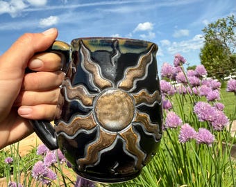 Sunshine Ceramic Mug: 24oz Handcarved Sun Coffee Cup, Handmade Unique Summer Mug