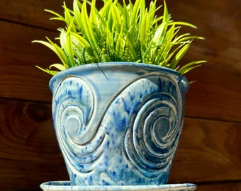 Ocean Waves Ceramic Planter | Handmade Ceramic Tropical Planter & Water Drip Plate | Coastal Ocean Planter with Drain | Beach Ocean Decor