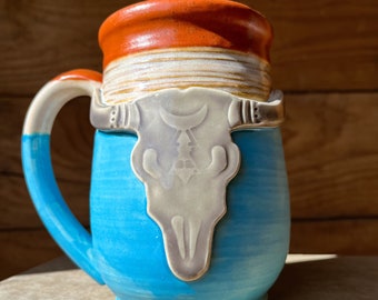 Longhorn Skull | Red White Blue Ceramic Mug | Western Ceramic Coffee Mug | Cowboy Western Mug | Southwestern Mug