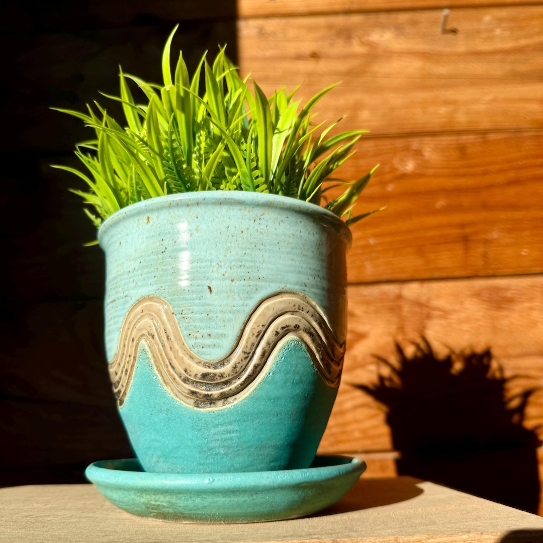 Hand-carved Ceramic Planter With Attached Drip Plate | Wheel Thrown Pot ...