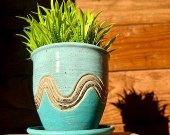 Hand-Carved Ceramic Planter with Attached Drip Plate | Wheel Thrown Pot