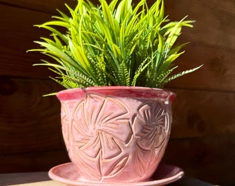 Pink Flowers Plant Pot | Handmade Ceramic Floral Planter  | 1 Piece Planter with Drain Hole & Water-Catch Plate