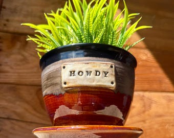 Howdy Ceramic Planter| Handmade Western Plant Pot with drain hole & drip plate