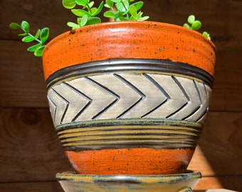 Western Ceramic Planter | Rustic Style Planter with Drain | Western Rustic Planter with Water Saucer | Handmade Ceramic Planter | Plant Pot