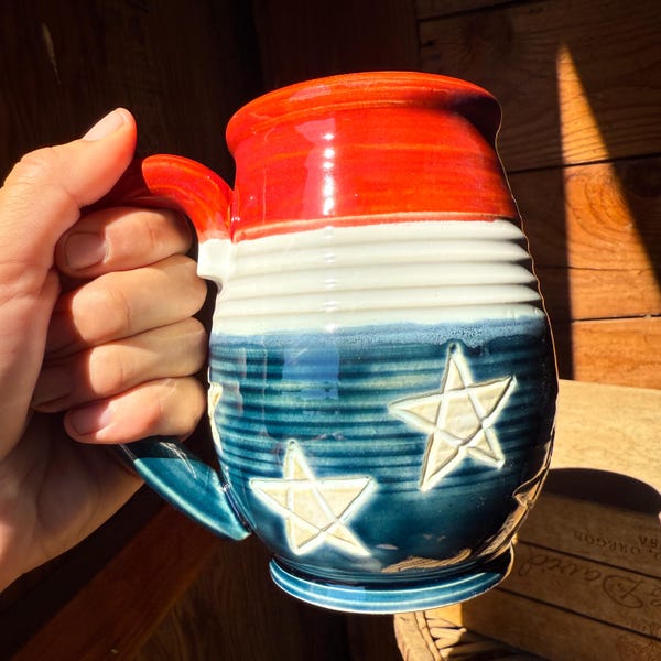 Handmade USA Flag Ceramic Mug: 24oz Patriotic American Flag Coffee Cup Gift