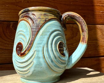 Ocean Waves Ceramic Mug: Large 24oz Handmade Tropical Coastal Coffee Cup