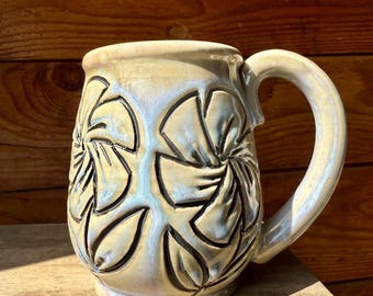 Flower Ceramic Mug: 24oz Handcarved Floral Coffee Mug, Handmade Flower Cup