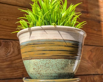 Ceramic Planter | Ceramic Planter with Drain | Handmade Planter with Water Saucer | 2 Piece Ceramic Planter | Blue Plant Pot