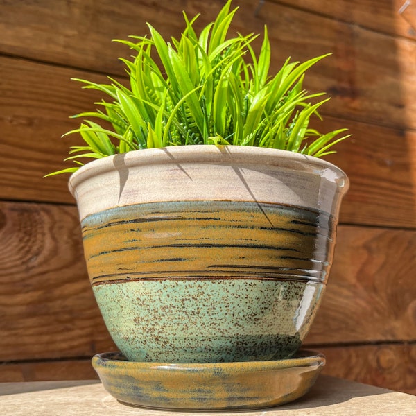 Ceramic Planter | Ceramic Planter with Drain | Handmade Planter with Water Saucer | 2 Piece Ceramic Planter | Blue Plant Pot
