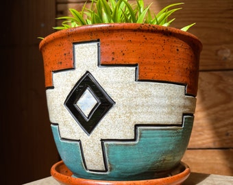 Western Ceramic Planter | Rustic Style Planter with Drain | Western Rustic Planter with Water Saucer | Handmade Ceramic Planter | Plant Pot