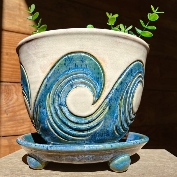 Ocean Waves Planter | Ceramic Ocean Waves Planter | Large Planter with Drain | Tropical Style Planter with Drainage | 2 Piece Planter