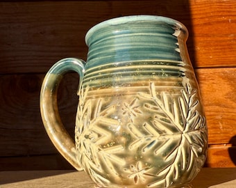 Snowflake Ceramic Mug - Large 24oz Snow Coffee Cup, Handcarved Snowflake Pottery, Big Winter Coffee Mug