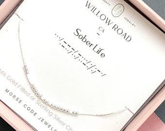 Sober Life Morse Code Necklace – Sobriety Gift for Women, Recovery Jewelry, Encouragement Necklace, Clean and Sober Gift