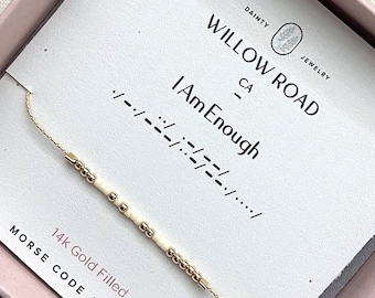 I Am Enough Morse Code Bracelet, Custom Word Bracelet, Inspirational Mantra Encouragement Gift for Her, Gold or Silver Beaded Chain Bracelet