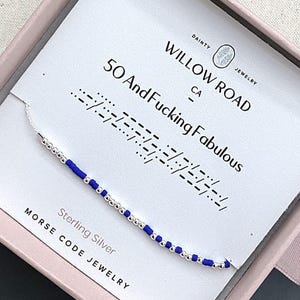 50 and Fucking Fabulous Morse Code Bracelet on Chain – Funny 50th Birthday Gift for Women, Best Friend, Mom, or Wife, Dainty Jewelry
