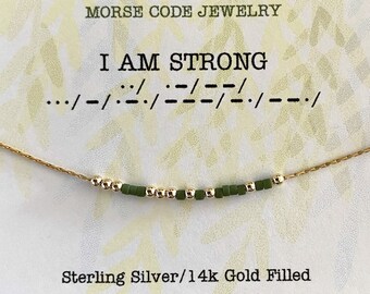 I Am Strong Morse Code Necklace, Strength Necklace for Eating Disorder, Thinking of You Cancer Survivor Gift, Sobriety Gift for Woman,