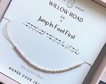 Collar con código Morse "Salta de pie primero", joyería inspiradora, collar con mensaje secreto, regalo para transición de vida, regalo para nuevo trabajo.