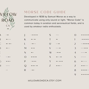 May include: A beige informational chart titled Morse Code Guide with the Willow Road CA logo. It lists letters A through Z and numbers 0 through 9 with their corresponding dot and dash sequences. The text explains the history and use of Morse code.