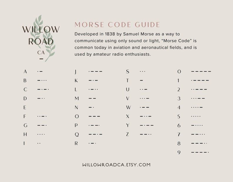 May include: A beige informational chart titled Morse Code Guide with the Willow Road CA logo. It lists letters A through Z and numbers 0 through 9 with their corresponding dot and dash sequences. The text explains the history and use of Morse code.