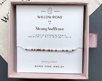 Strong and Brave Morse Code Chain Bracelet, Dainty Encouragement Jewelry Gift for Her, Empowerment Bracelet, Inspirational Gift for Women