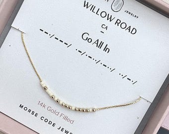 Collar con mensaje en código Morse "Go All In", joyería inspiradora, collar con mensaje oculto, regalo para un nuevo negocio, regalo para un cambio de vida.