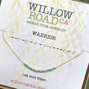 Warrior Morse Code Necklace on 14k Gold or Sterling Silver Chain, Encouragement Gift for Her, Strength Necklace