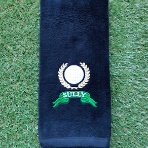 PERSONALISED GOLF TOWEL with metallic gold and silver threads