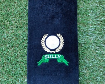 PERSONALISED GOLF TOWEL with metallic gold and silver threads