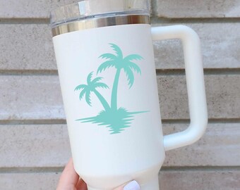 Palm Tree Island Decal - Tropical Beach Vinyl Sticker with Waves - Summer Car Tumbler Laptop Decal - Minimalist Coastal Decor - Beachy